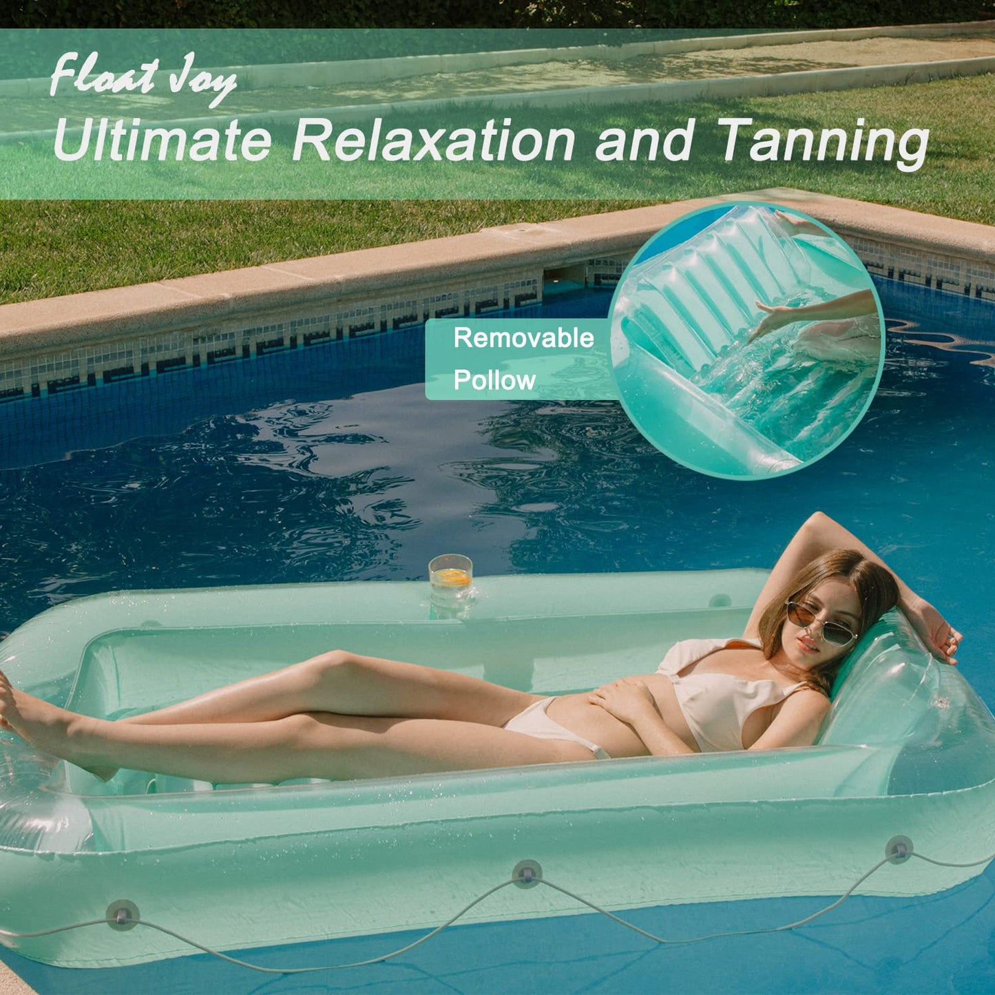 Float Joy Giant Inflatable Pool Float Lounger, Suntan Tub, Blow Up Tanning Pool Raft Tub with Pillow for Outdoor, Garden, Backyard Summer Water Pool Party, for Kids & Adults