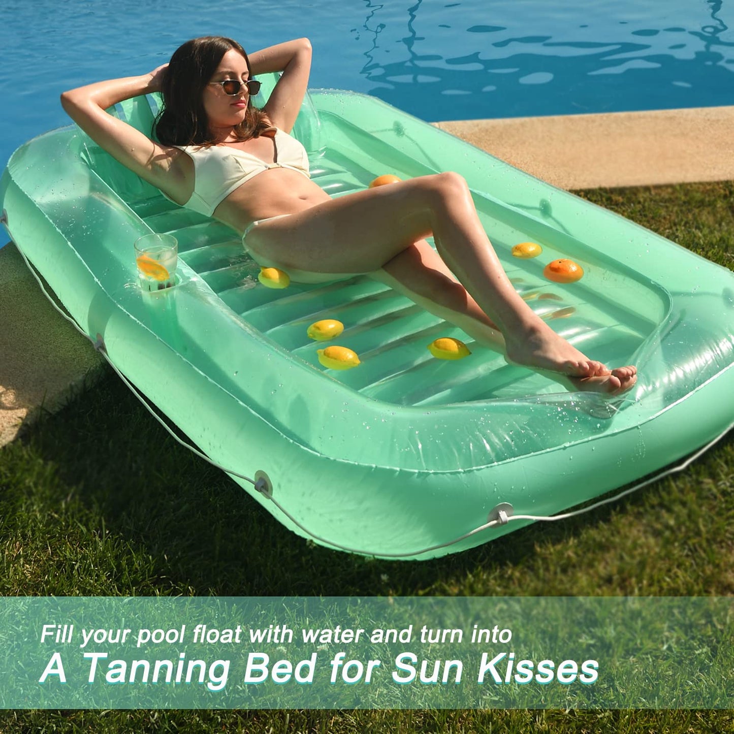 Float Joy Giant Inflatable Pool Float Lounger, Suntan Tub, Blow Up Tanning Pool Raft Tub with Pillow for Outdoor, Garden, Backyard Summer Water Pool Party, for Kids & Adults