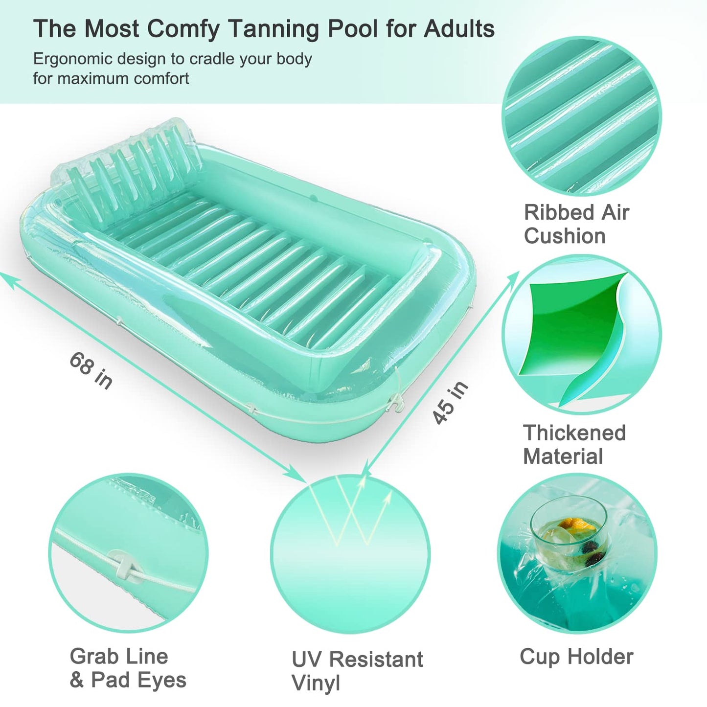 Float Joy Giant Inflatable Pool Float Lounger, Suntan Tub, Blow Up Tanning Pool Raft Tub with Pillow for Outdoor, Garden, Backyard Summer Water Pool Party, for Kids & Adults